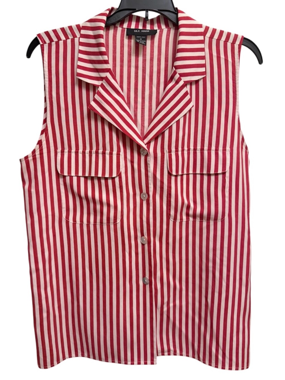 Silk House 100% Silk Sleeveless Button Up Red/Cream White Striped Sz M Preppy